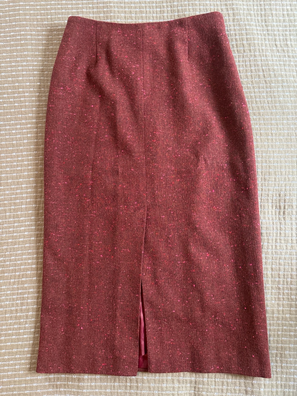 Vintage 90s Rena Rowan 100% Pure Wool Tweed Midi Pencil Skirt USA Burgundy Size